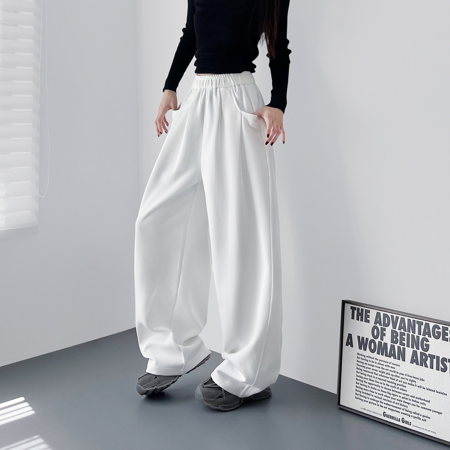 白色加绒慵懒风软糯阔腿裤女冬季新款大码胖mm宽松显瘦垂感休闲裤,淘宝优惠券,粉丝福利购,淘宝优惠卷