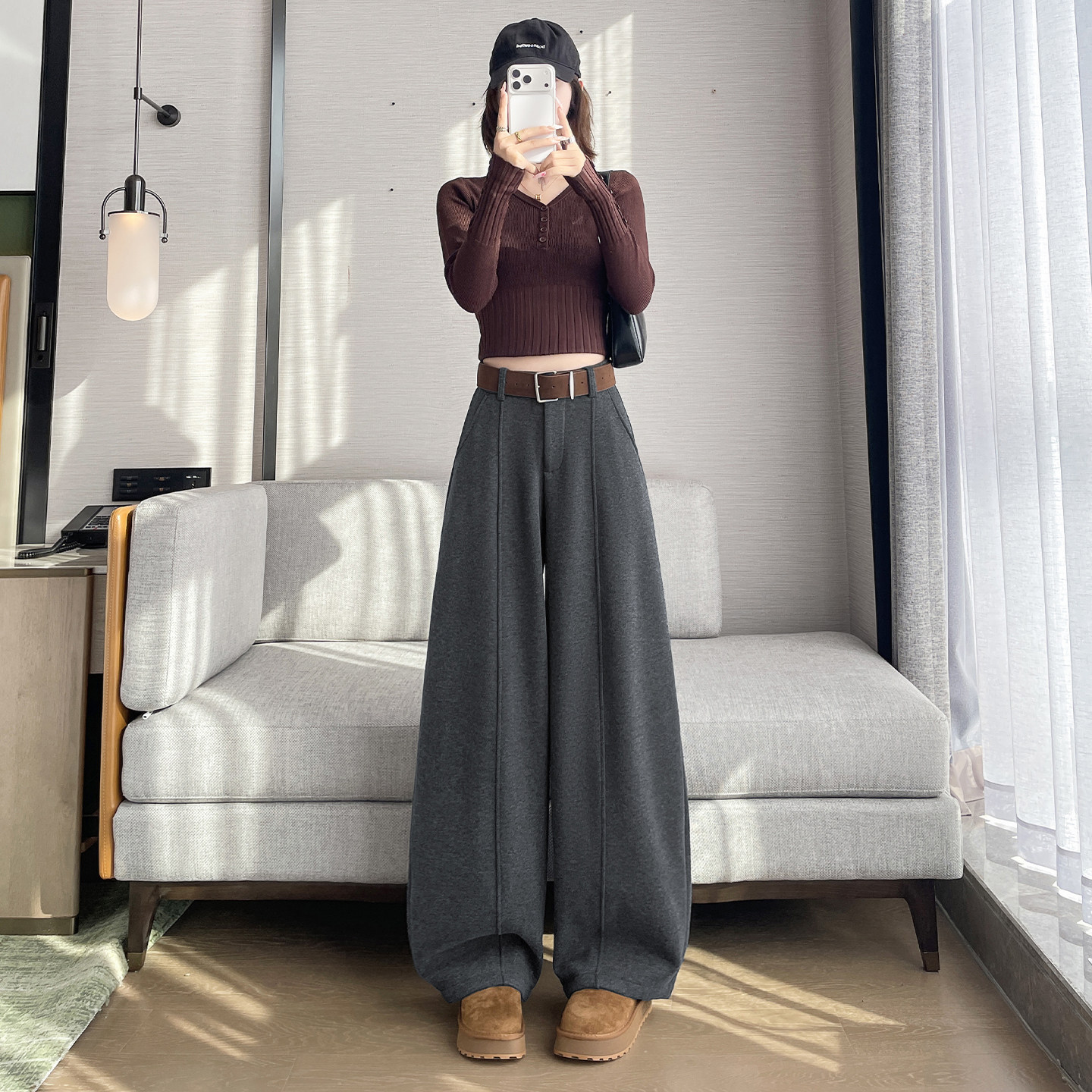 高腰绒感加厚弯刀休闲裤女冬季胖mm显瘦加绒保暖不臃肿香蕉阔腿裤,淘宝优惠券,粉丝福利购,淘宝优惠卷