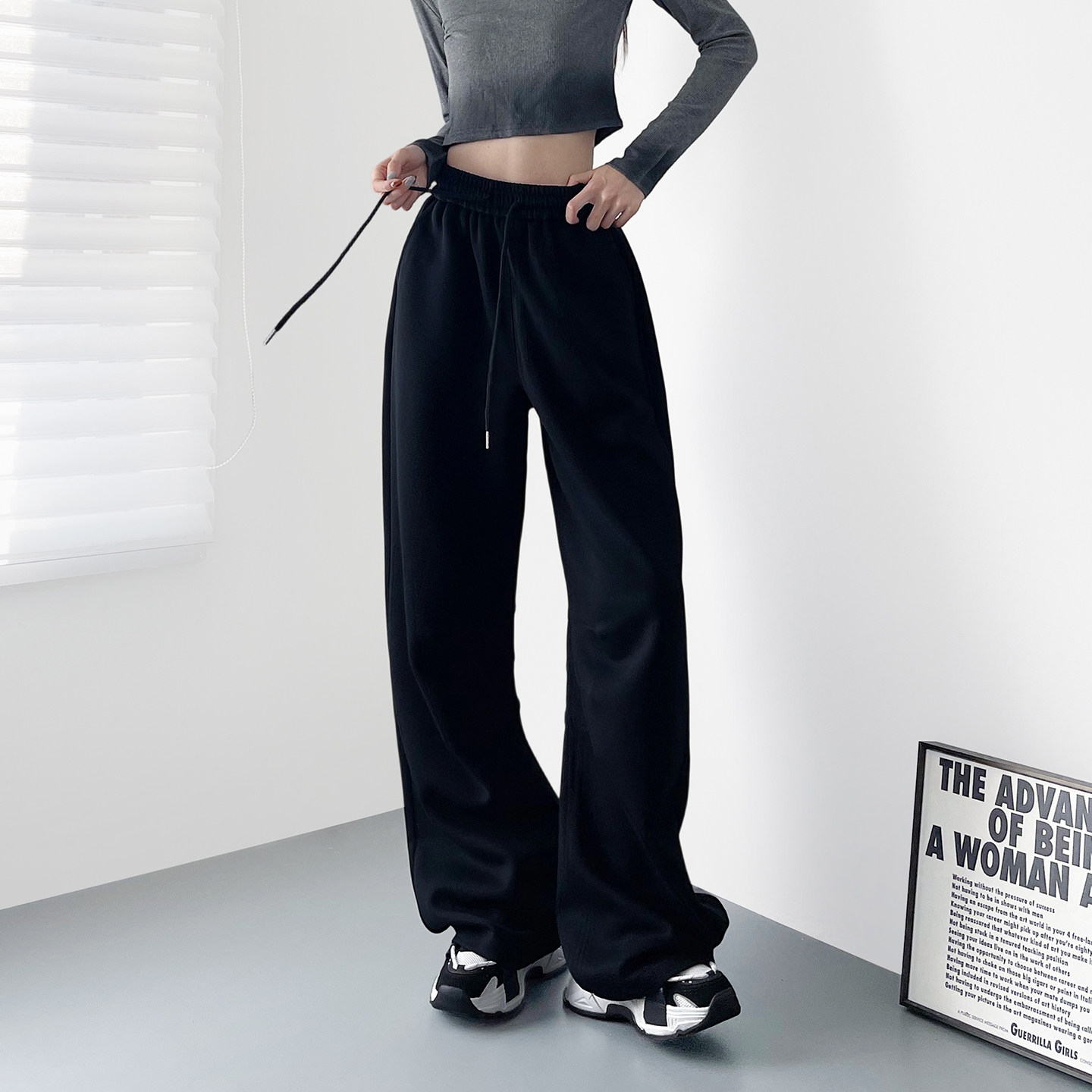 大码春季高腰显瘦美式运动阔腿裤女显高宽松藏肉垂感弯刀休闲卫裤,淘宝优惠券,粉丝福利购,淘宝优惠卷