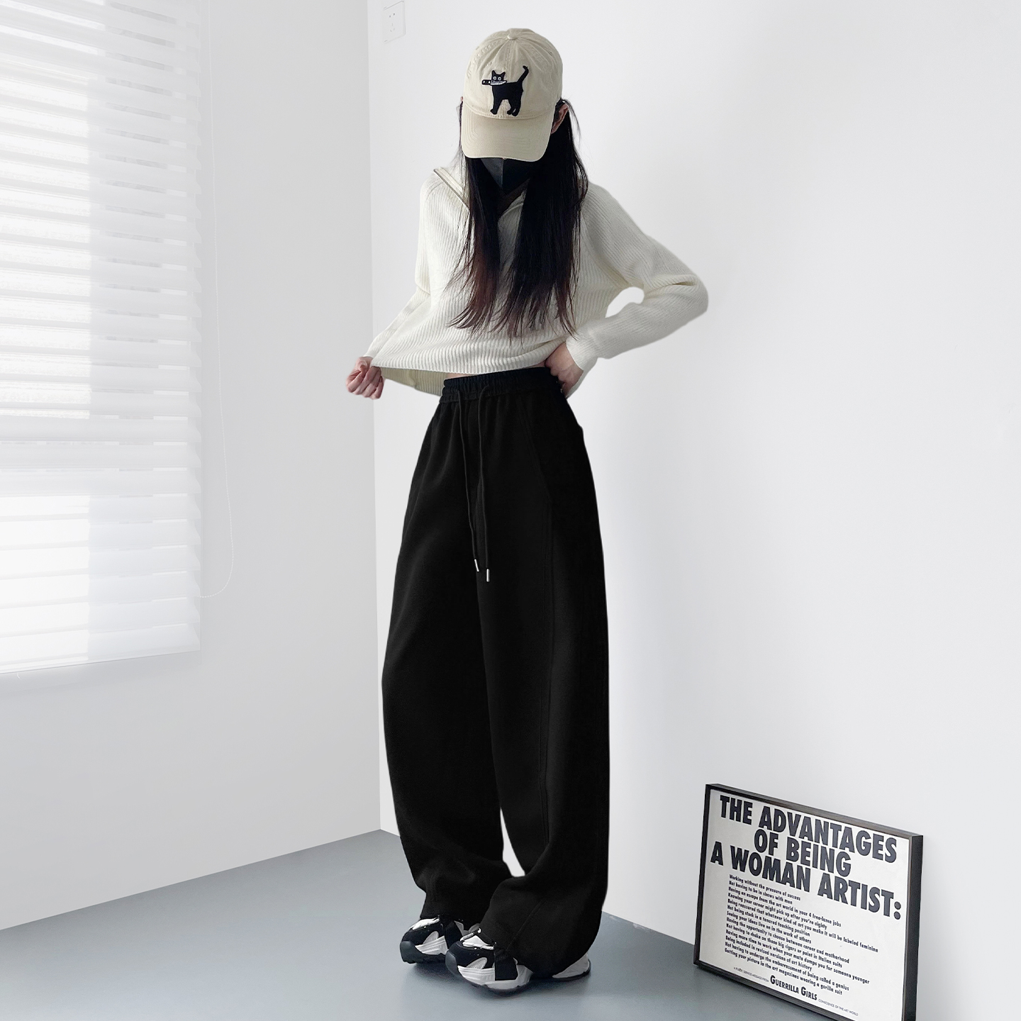 运动裤大码显瘦慵懒微胖女孩阔腿裤冬季小个子宽松白色香蕉卫裤子 - 图2