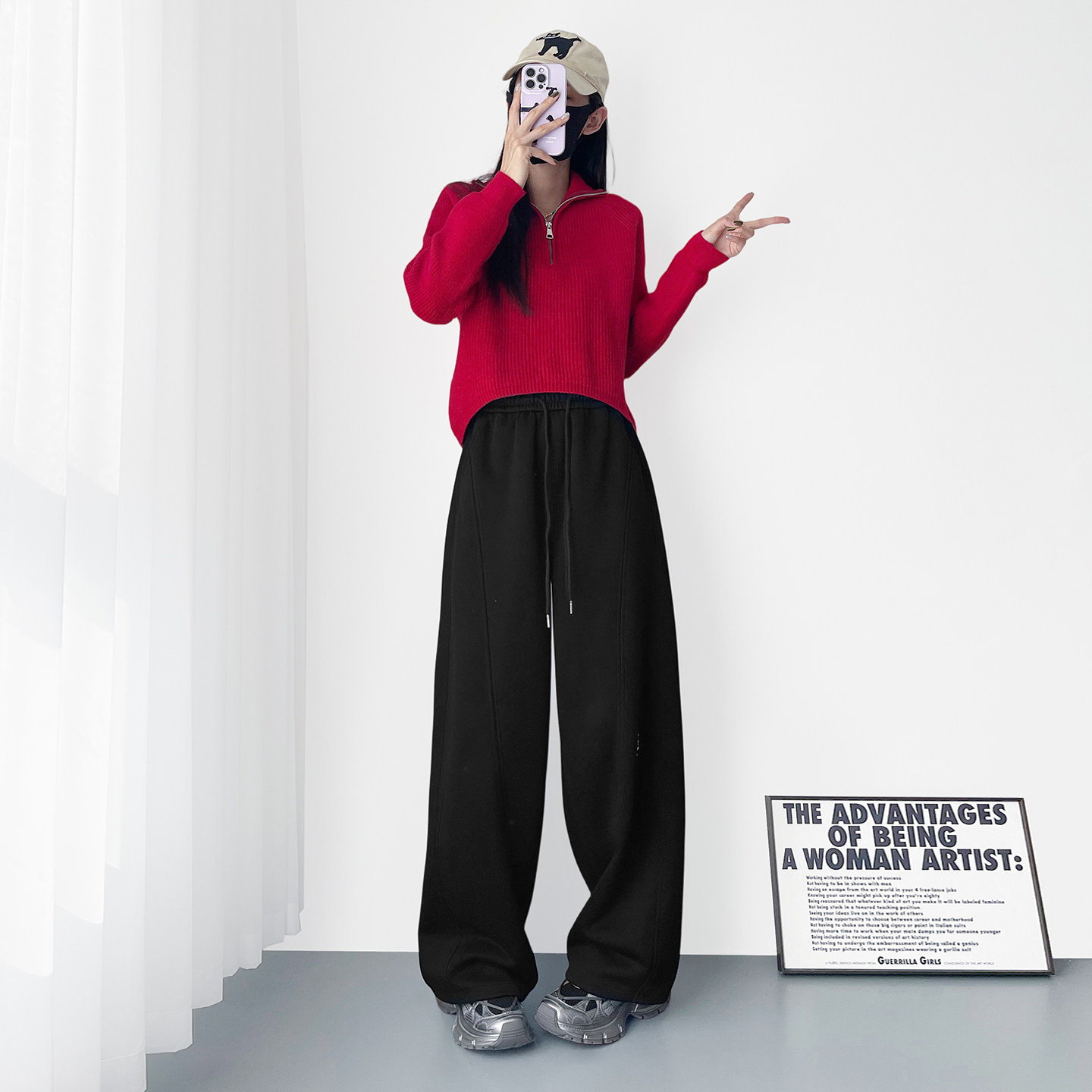 大码浅花灰设计感运动卫裤女2025冬季潮流新款胖mm显瘦遮肉阔腿裤,淘宝优惠券,粉丝福利购,淘宝优惠卷