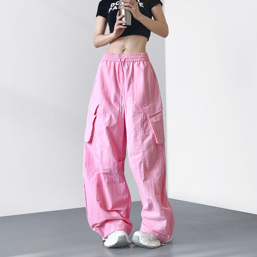 胖mm粉色高腰大码工装裤女2026夏季新款冰丝宽松休闲显瘦阔腿裤子 - 图1