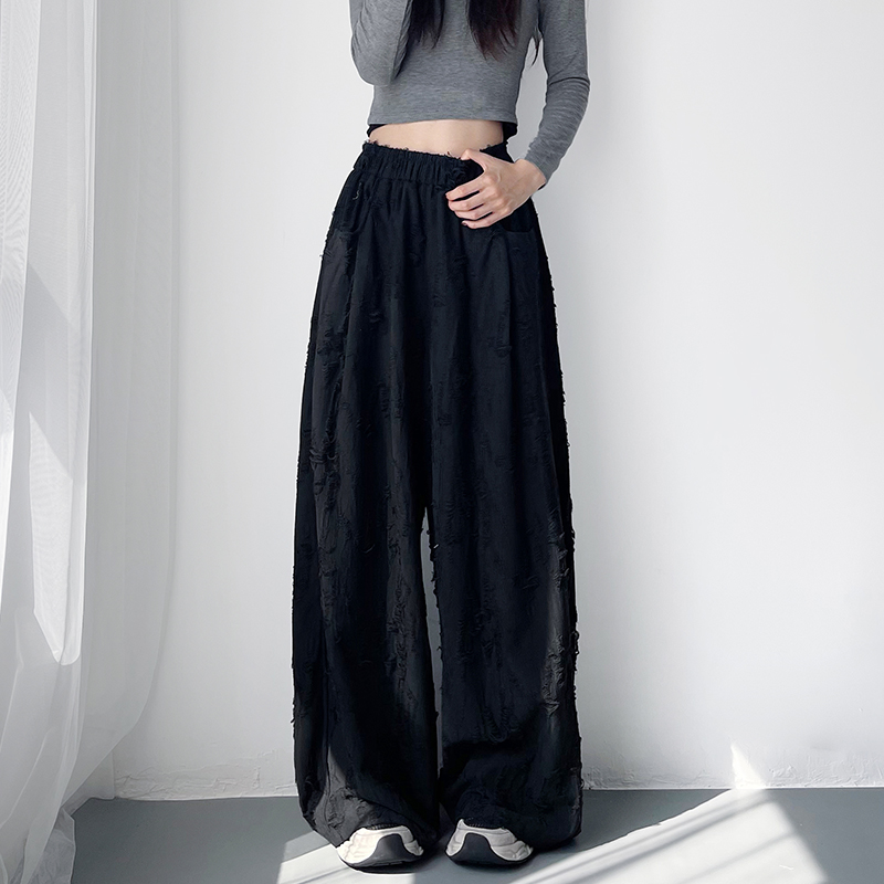 软糯破洞裤垂感拖地阔腿裤女2025秋季梨型身材宽松设计感乞丐裤子 - 图0