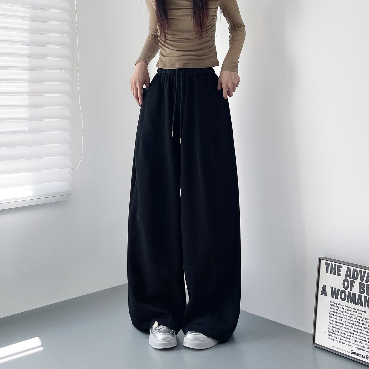 大码秋季新款宽松显瘦阔腿裤女梨形身材胖mm慵懒风垂感运动拖地裤,淘宝优惠券,粉丝福利购,淘宝优惠卷