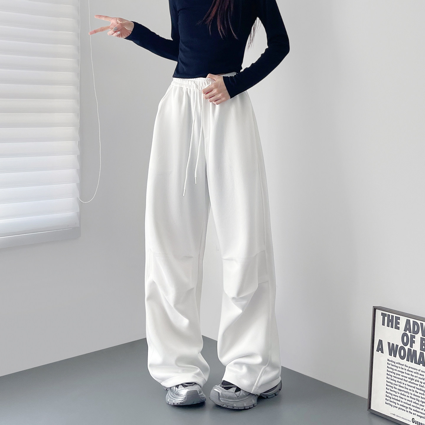 高腰压褶休闲阔腿裤子女秋季新款大码胖mm显瘦松弛感酷飒运动卫裤,淘宝优惠券,粉丝福利购,淘宝优惠卷