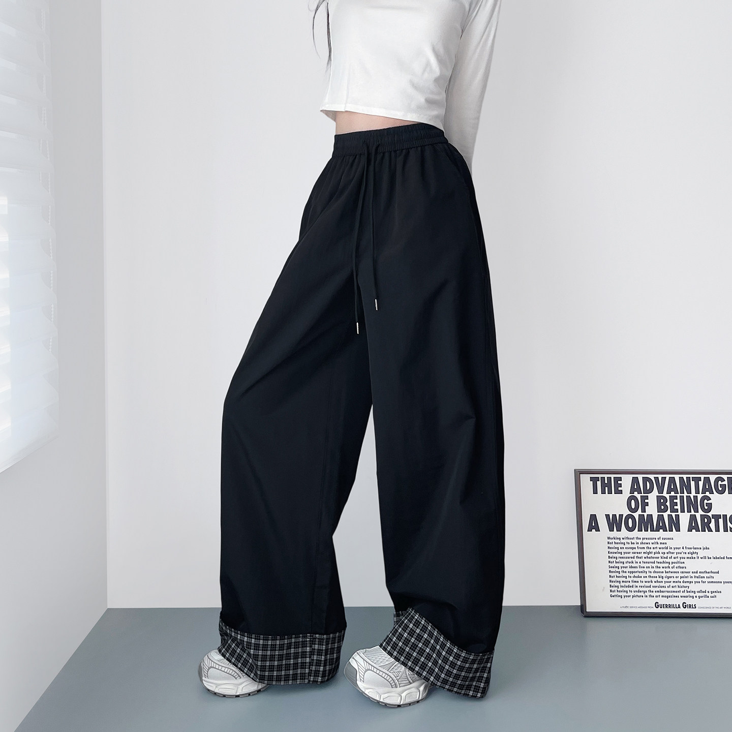 大码慵懒风裤脚拼接阔腿裤女早春胖mm显瘦遮肉宽松垂感运动休闲裤,淘宝优惠券,粉丝福利购,淘宝优惠卷