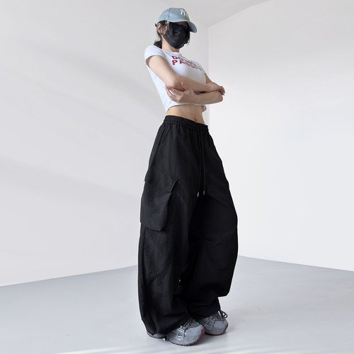 胖mm粉色高腰大码工装裤女2026夏季新款冰丝宽松休闲显瘦阔腿裤子 - 图3