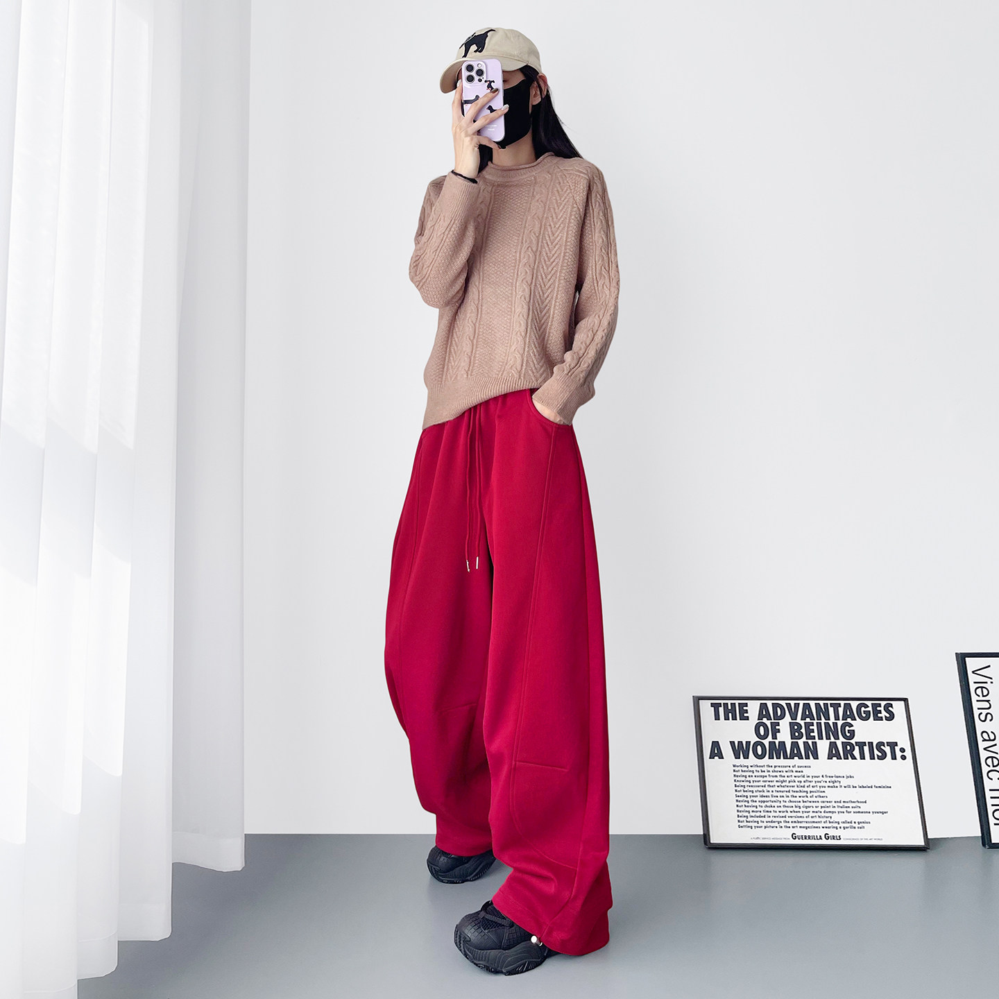 美式高腰抽绳运动裤女冬季新款大码胖mm保暖显瘦加绒酷飒阔腿卫裤,淘宝优惠券,粉丝福利购,淘宝优惠卷