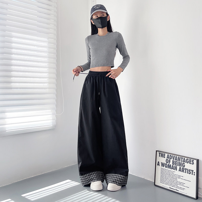 高腰格子拼接裤脚阔腿裤女2025秋季新款大码胖mm松弛感休闲直筒裤,淘宝优惠券,粉丝福利购,淘宝优惠卷