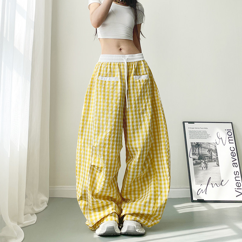 大码夏季多巴胺拼接格子阔腿裤女梨型身材显瘦遮肉垂感拖地工装裤,淘宝优惠券,粉丝福利购,淘宝优惠卷