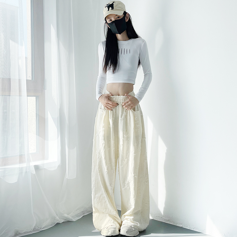 软糯破洞裤垂感拖地阔腿裤女2025秋季梨型身材宽松设计感乞丐裤子 - 图3
