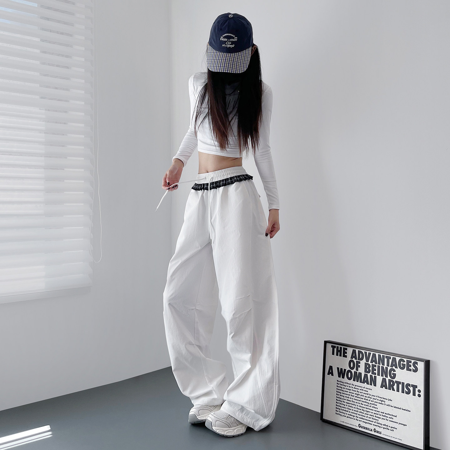 大码红色压褶阔腿裤春季新款胖mm设计感拼接格子显瘦大裤腿运动裤,淘宝优惠券,粉丝福利购,淘宝优惠卷