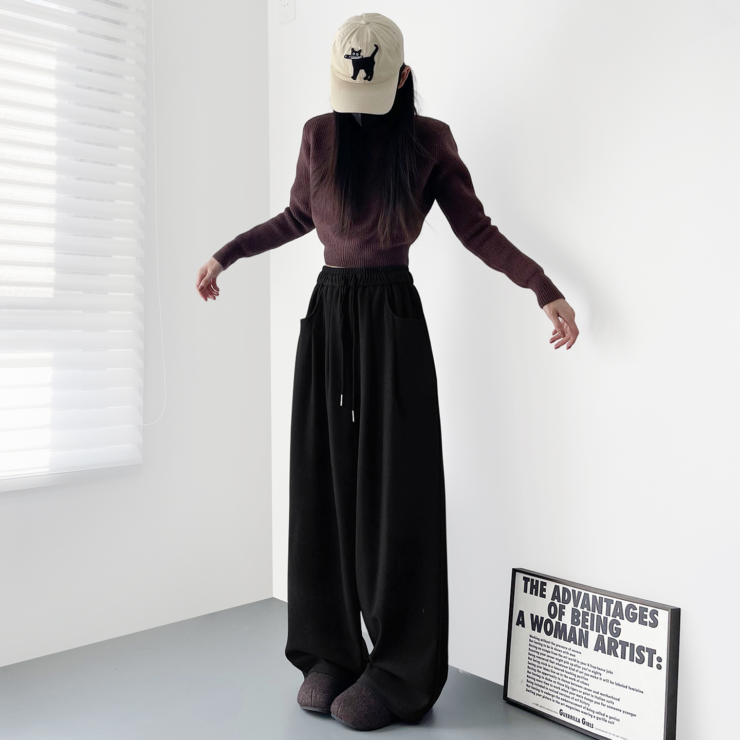 卡其色冬季氛围感仿羊绒山本裤女大码慵懒软糯显瘦遮肉加绒阔腿裤 - 图2