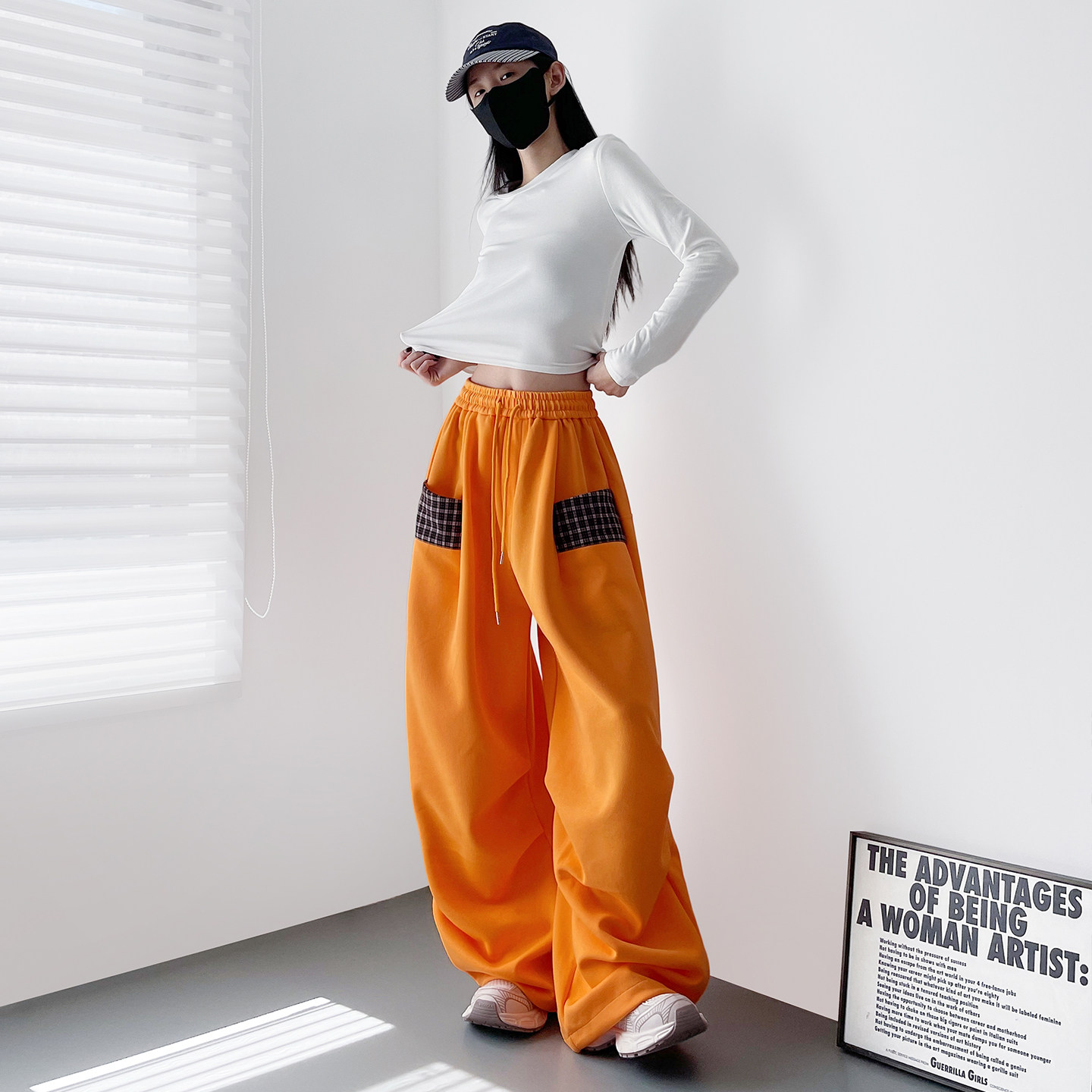 大码氛围感拼接格子红色阔腿裤子女春季新款胖mm显瘦拖地运动卫裤,淘宝优惠券,粉丝福利购,淘宝优惠卷