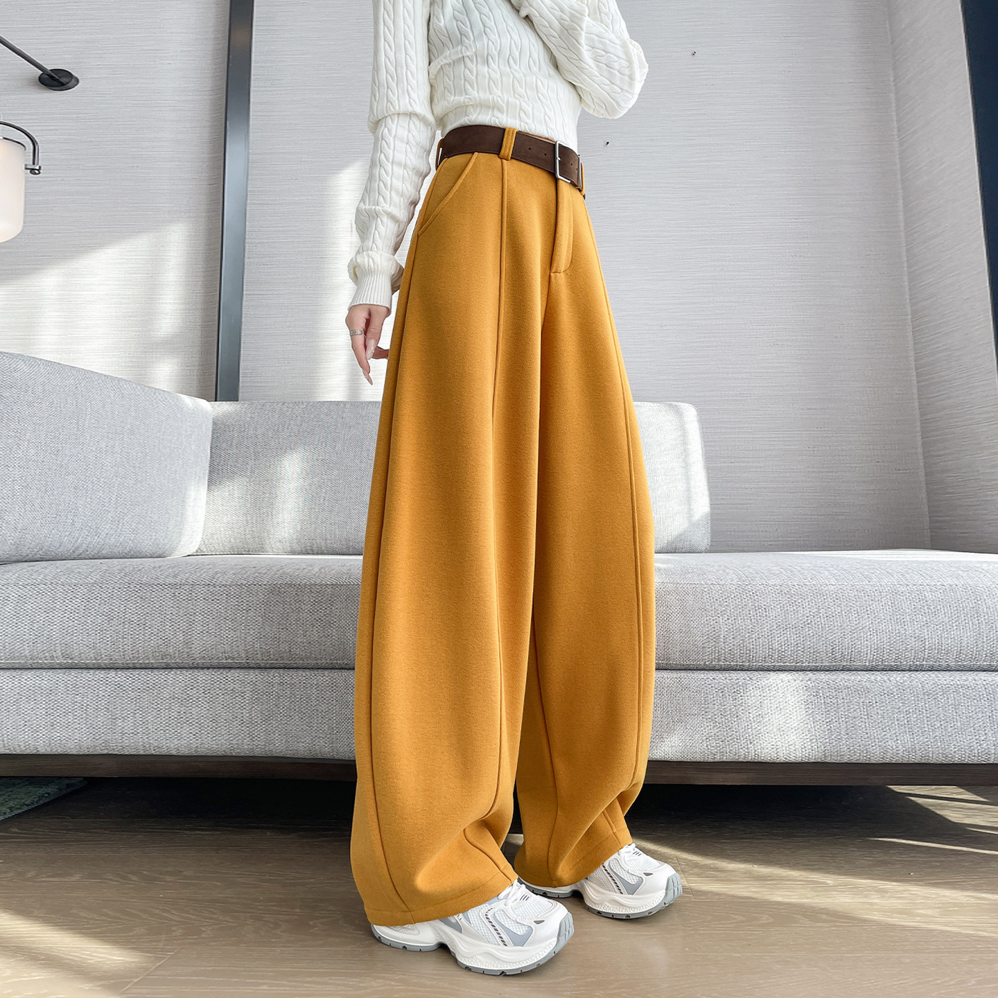 高腰绒感加厚弯刀休闲裤女冬季胖mm显瘦加绒保暖不臃肿香蕉阔腿裤,淘宝优惠券,粉丝福利购,淘宝优惠卷