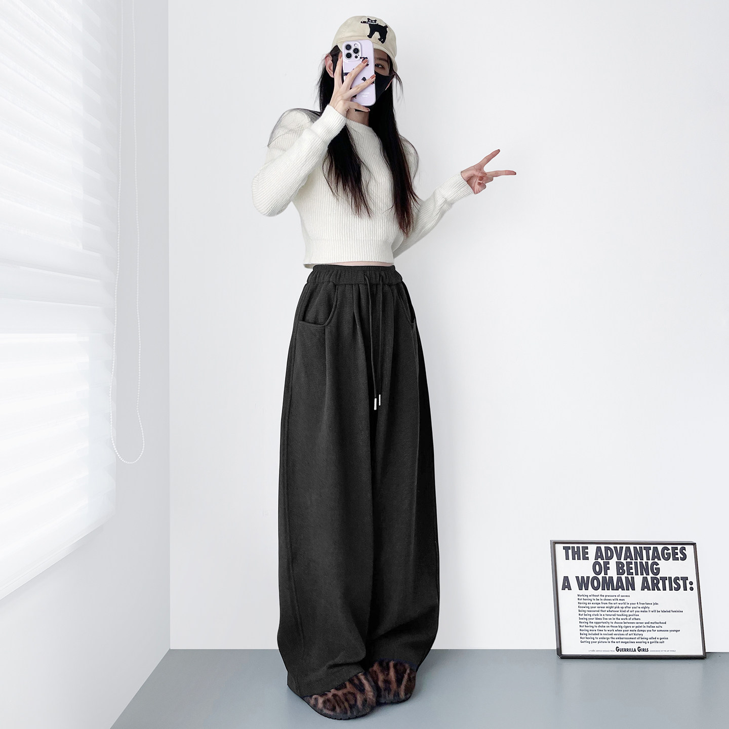 仿羊绒米白色加绒加厚奶芙糯米裤女冬季大码胖mm保暖不臃肿阔腿裤,淘宝优惠券,粉丝福利购,淘宝优惠卷