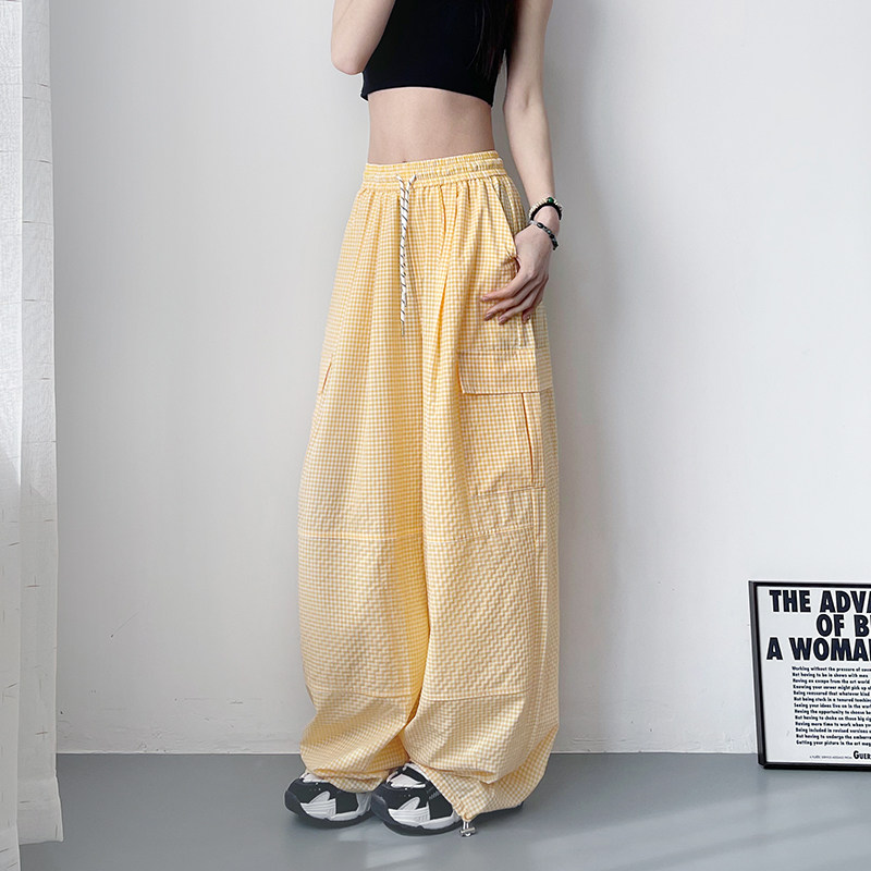 大码格子工装裤女夏季多巴胺胖mm梨形身材宽松显瘦轻薄休闲阔腿裤,淘宝优惠券,粉丝福利购,淘宝优惠卷