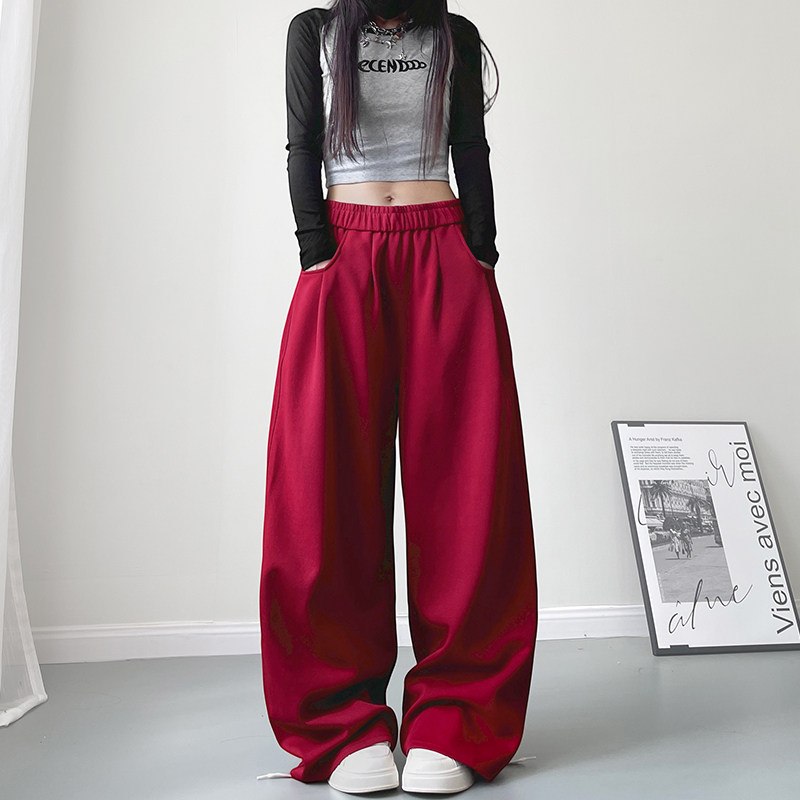 大码宽松显瘦加绒阔腿裤女冬季胖mm慵懒风遮肉拖地红色休闲运动裤,淘宝优惠券,粉丝福利购,淘宝优惠卷