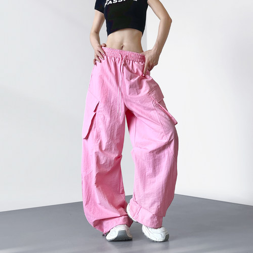 胖mm粉色高腰大码工装裤女2026夏季新款冰丝宽松休闲显瘦阔腿裤子 - 图0