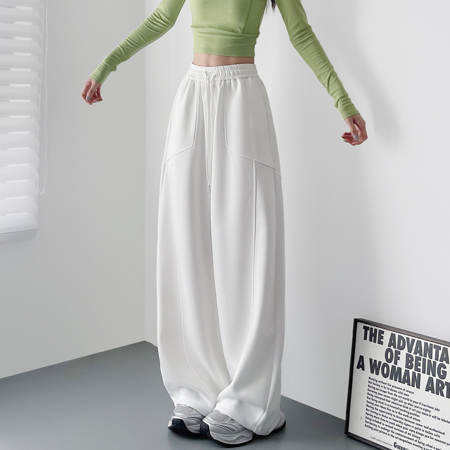 高腰抽绳显瘦松弛感阔腿裤女秋季新款大码胖mm慵懒风遮肉运动裤子,淘宝优惠券,粉丝福利购,淘宝优惠卷