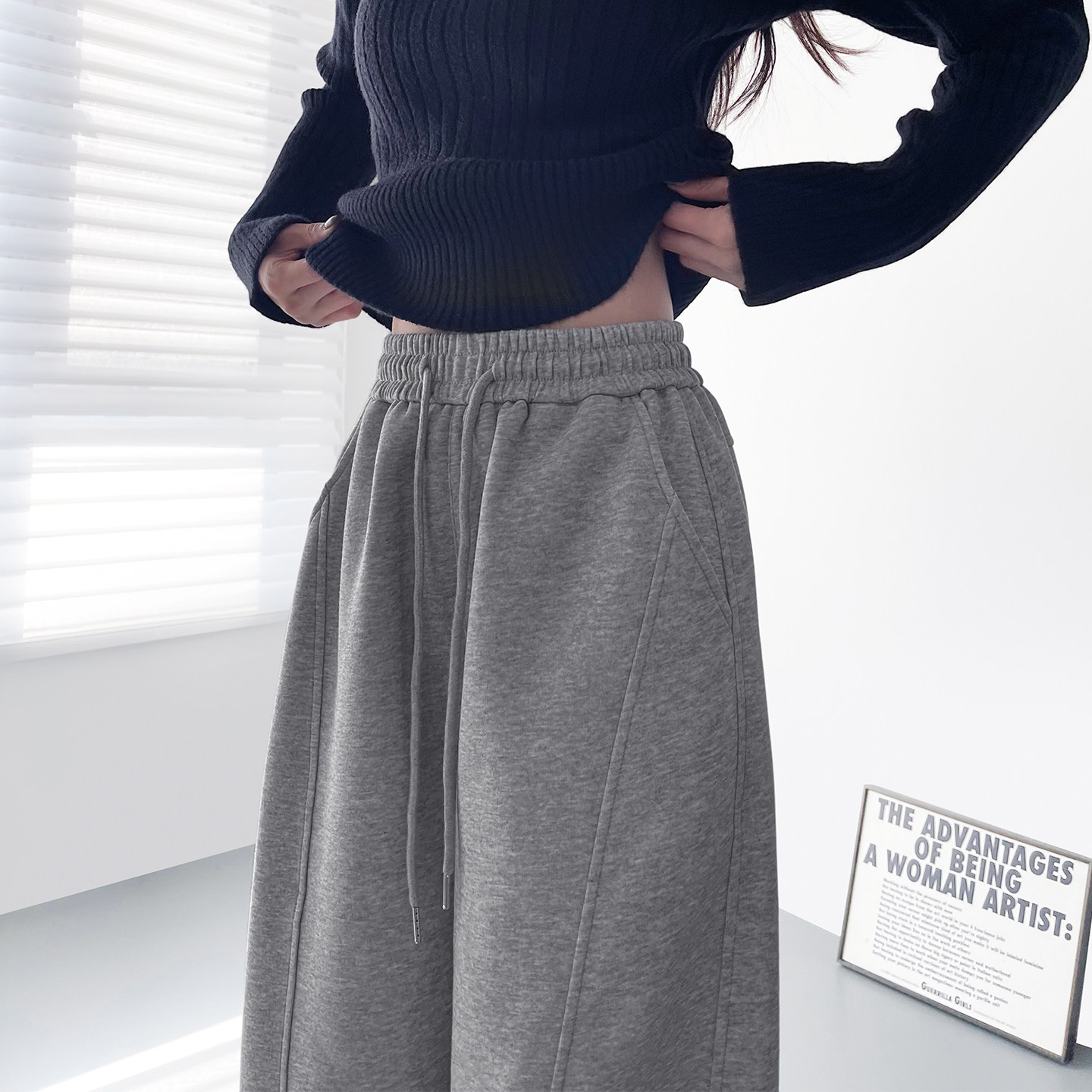 大码浅花灰设计感运动卫裤女2025冬季潮流新款胖mm显瘦遮肉阔腿裤,淘宝优惠券,粉丝福利购,淘宝优惠卷