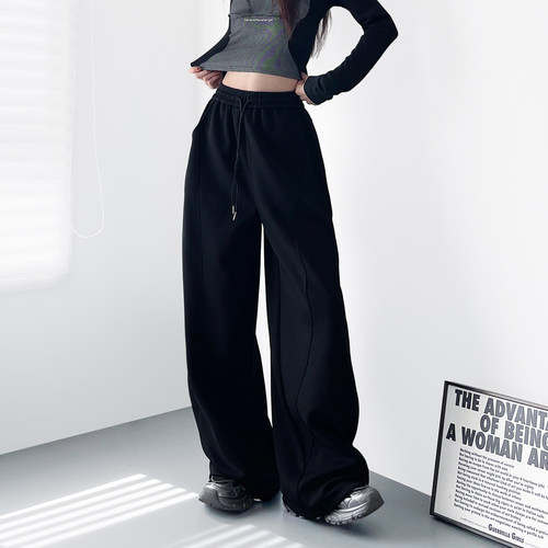 2025冬季新款黑色高腰加绒阔腿裤女大码胖mm显瘦遮肉垂感休闲卫裤 - 图1