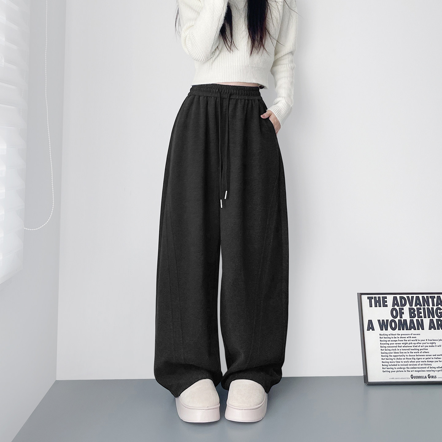 仿羊绒慵懒风加绒阔腿裤女冬季氛围感大码胖mm显瘦保暖窄版弯刀裤,淘宝优惠券,粉丝福利购,淘宝优惠卷