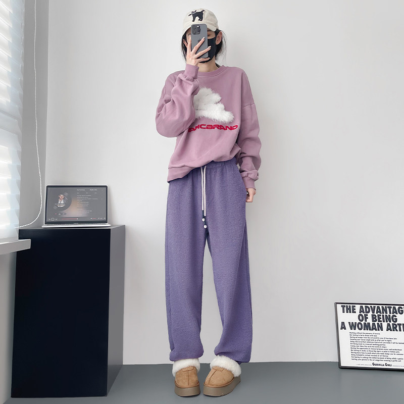 米白色卫裤女加绒加厚束脚宽松胖mm双面外穿奶fufu慵懒摇粒绒裤子,淘宝优惠券,粉丝福利购,淘宝优惠卷