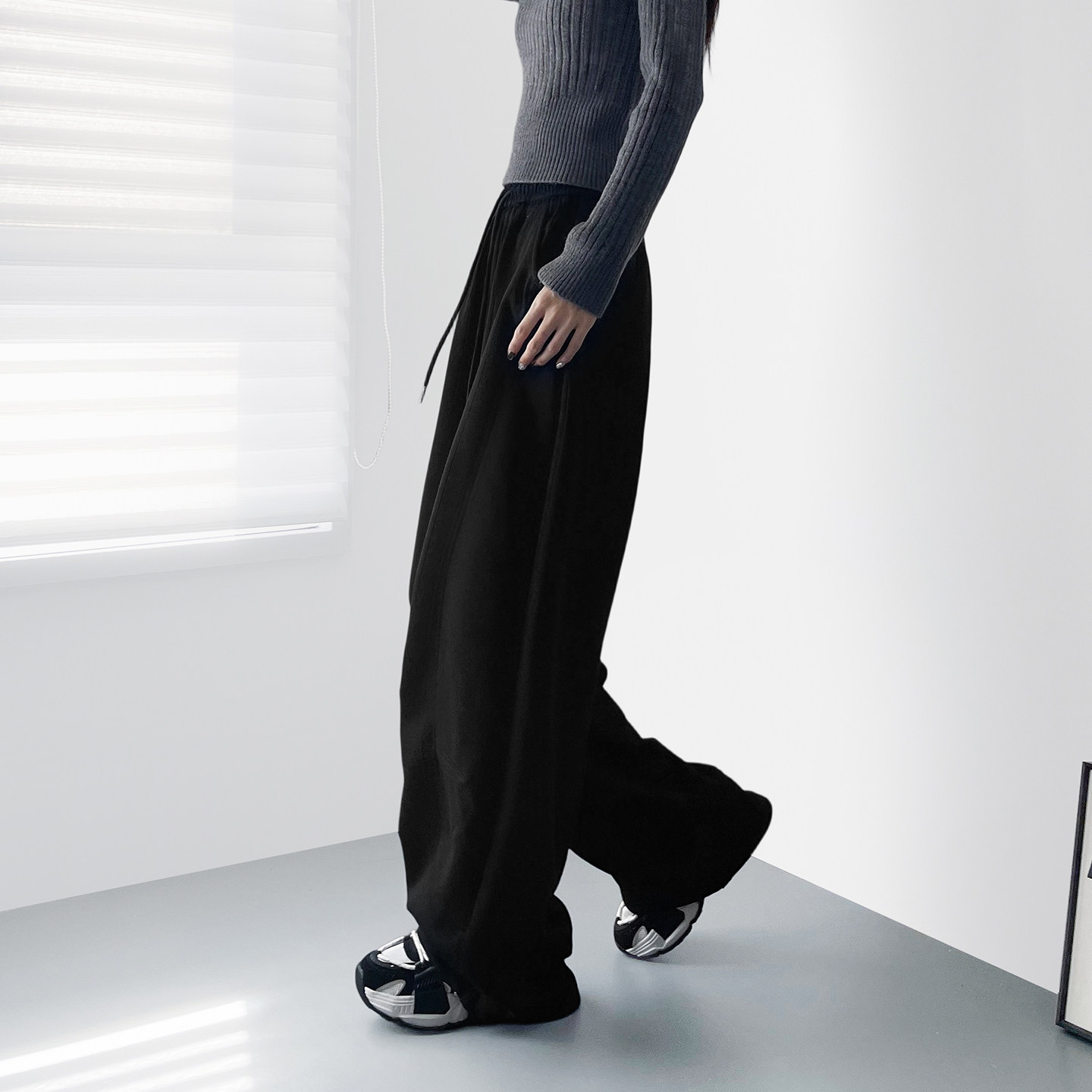 美式高腰抽绳运动裤女冬季新款大码胖mm保暖显瘦加绒酷飒阔腿卫裤,淘宝优惠券,粉丝福利购,淘宝优惠卷