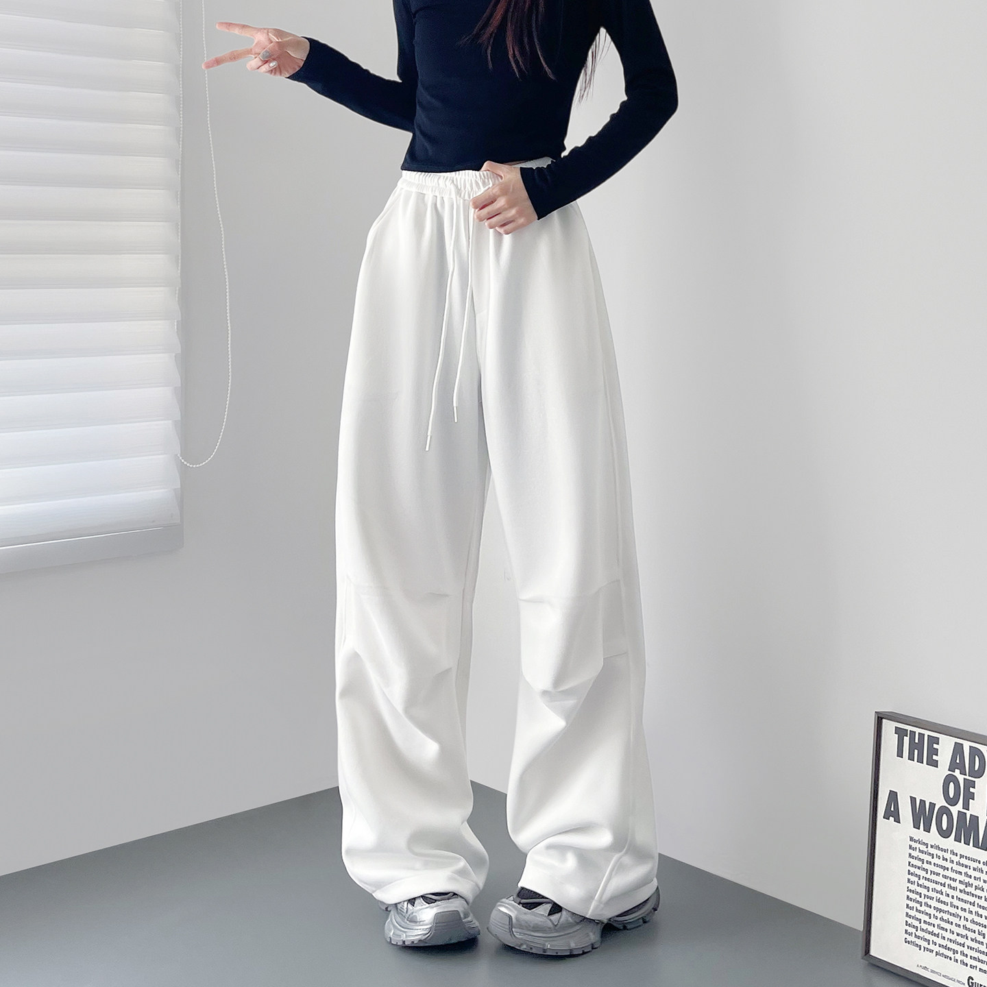 大码白色高腰慵懒风压褶休闲卫裤女春季新款大码胖mm显瘦阔腿裤子,淘宝优惠券,粉丝福利购,淘宝优惠卷