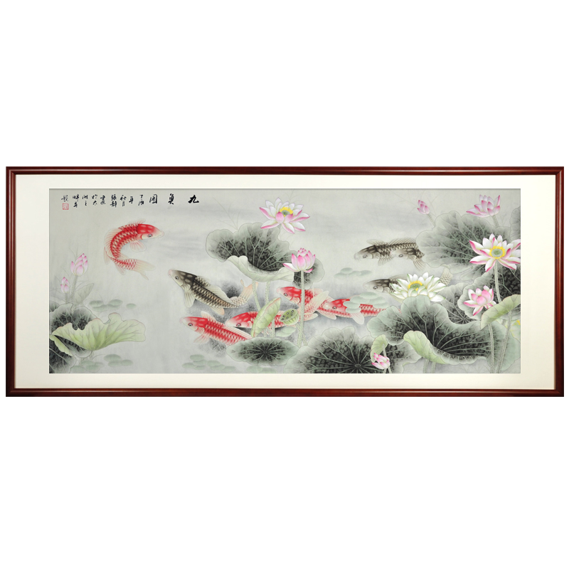 画诉纯手绘工笔花鸟画国画字画客厅装饰画办公室餐厅九鱼图-图0