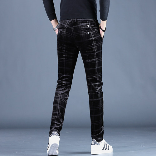 男装直筒裤潮牌棋盘格男士休闲裤弹力显瘦原创设计秋冬金丝绒西裤 - 图3