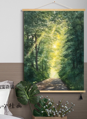 手绘绿色森林小路风景装饰画丁达尔效应客厅玄关大芬村布艺挂画