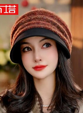 布塔针织羊毛帽子女秋冬羊绒显脸小帽子包头帽护耳帽堆堆帽毛线帽