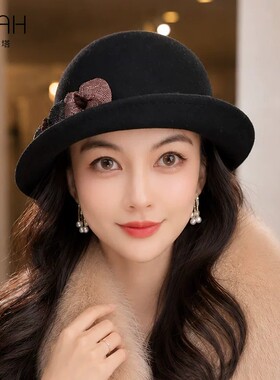 布塔英伦风纯羊毛呢帽女复古优雅毛呢帽立体花朵装饰小礼帽定型帽