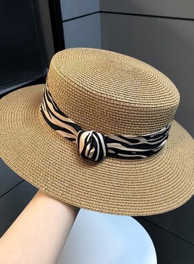 平顶法式复古纹草编太阳帽女夏季