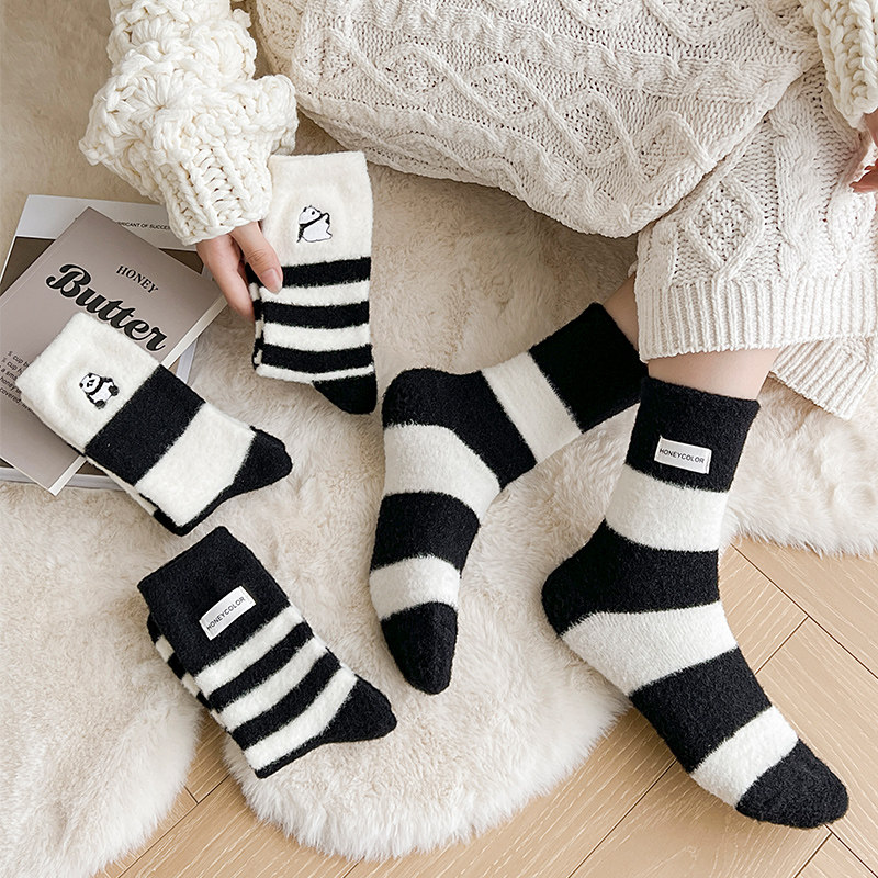 熊猫条纹澳绒中筒袜秋冬季袜子女加厚加绒保暖袜珊瑚绒地板睡眠袜,淘宝优惠券,粉丝福利购,淘宝优惠卷
