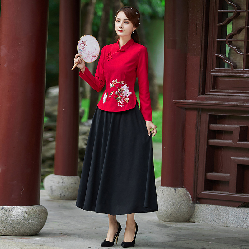 秋冬新款加厚中式中国风唐装复古修身短款民国风旗袍刺绣长袖上衣 - 图1
