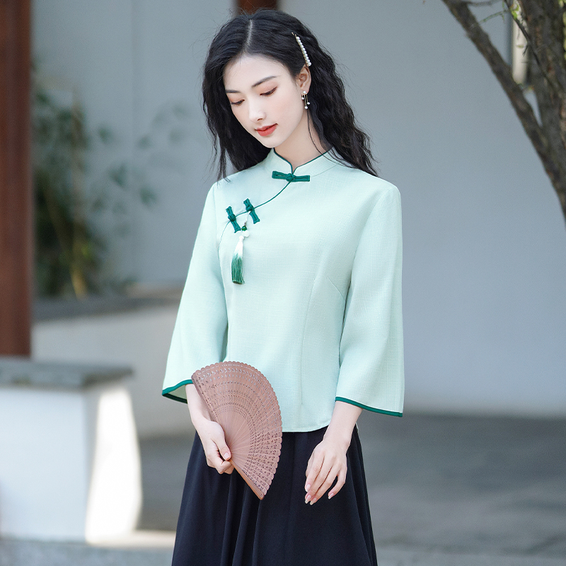 新款复古棉麻旗袍套装女装斜襟盘扣年轻版茶服两件套唐装女汉服 - 图0