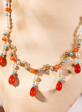 原创古风汉服项链新中式旗袍配饰软璎珞中国风红色日常复古锁骨