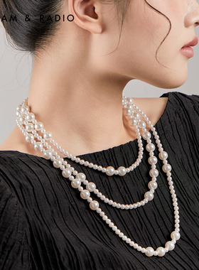 多层叠戴长款串珠珍珠项链