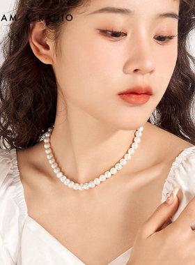 正圆强光颈链复古人造珍珠项链女