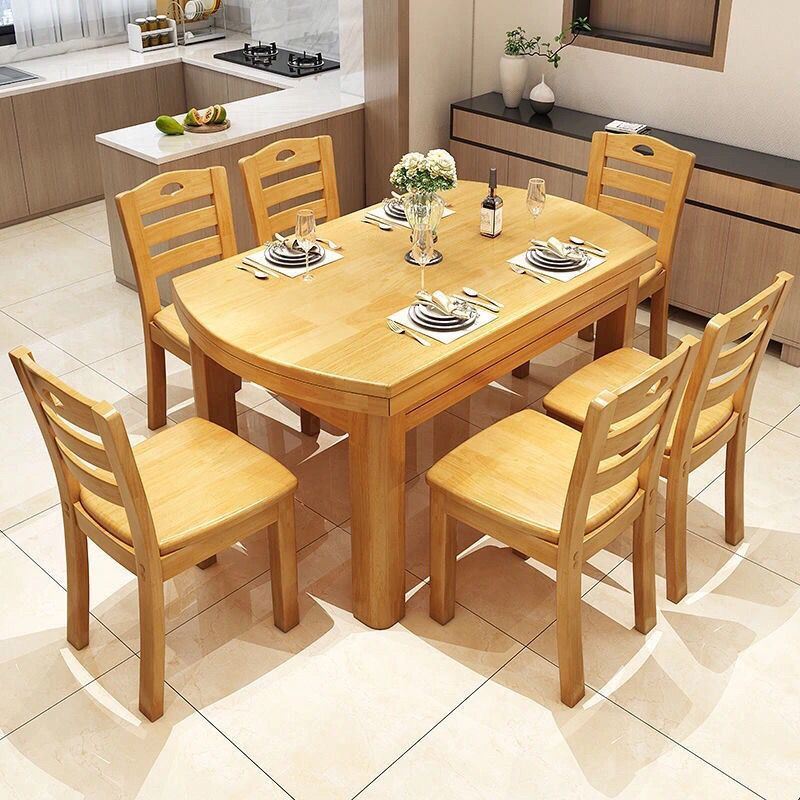广东100%全实木橡木餐桌椅组合方圆两用伸缩折叠4-12人小户型桌子 - 图1