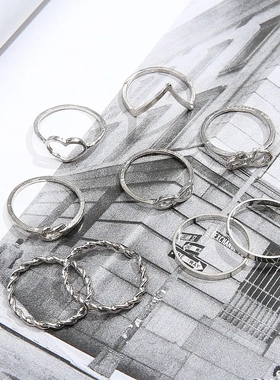 欧美新款爱心8字法式蝴蝶结开口指环9件套戒指饰品