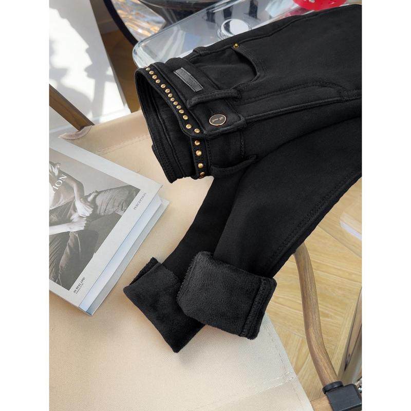 铆钉设计感~黑色加厚加绒高腰牛仔裤女冬紧身显瘦洋气小脚铅笔裤,淘宝优惠券,粉丝福利购,淘宝优惠卷