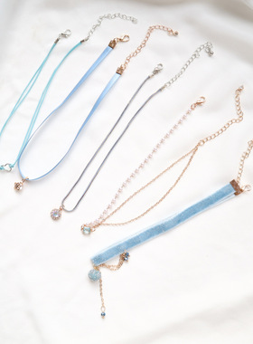 choker森系冰蓝色项圈拼接锁骨链
