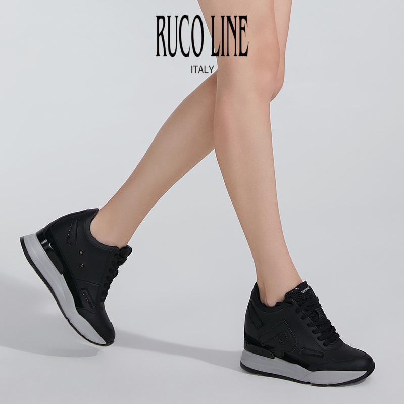 Ruco Line如卡莱意大利女奢华真皮9cm内增高跑鞋字母全牛皮厚底鞋 - 图1