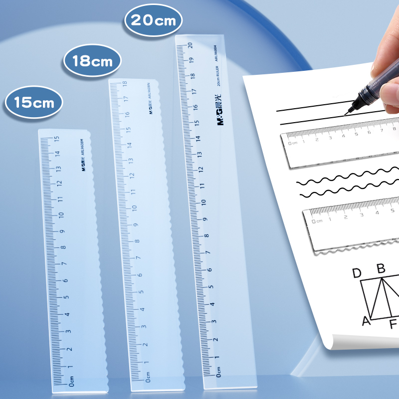 晨光高透明波浪直尺小学生专用一年级格尺多功能尺子量角器三角尺套装高颜值手抄报绘图测量几何刻度函数尺子-图0