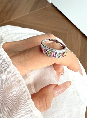 S925银时尚女款彩色宝石开口戒指