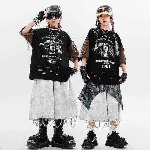 少儿街舞服装男童嘻哈潮服酷帅破洞拼接套装hiphop女童酷帅演出服 - 图0
